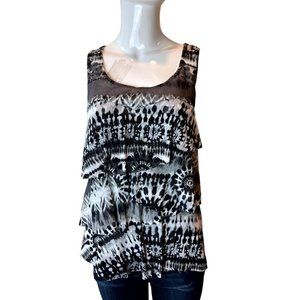 AB Studio Women Ruffle Tiered Blouse Top Geometric Scoop Neck Black White Size S